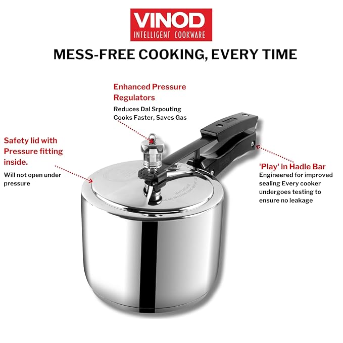 Vinod Stainless Steel Inner Lid Pressure Cooker - 2 Litres | Sandwich Bottom Cooker | Induction and Gas Base