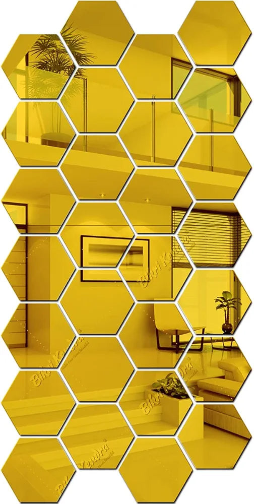 Bikri Kendra 28 Hexagon Golden Mirror Stickers for Wall Acrylic Mirror Wall Decor Sticker Wall