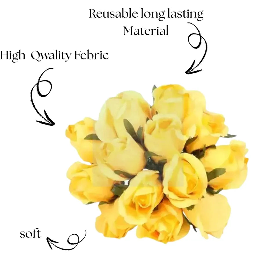Artificial Rose Flower Bunches for Vase Set of 12 Yellow