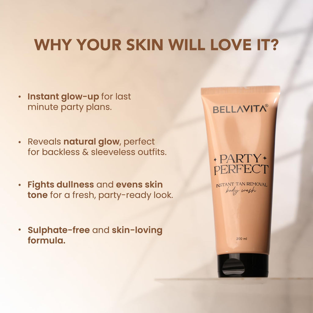 BELLAVITA Party Perfect 2-in-1 Body Wash| Instant Tan Removal | Instant Brightening | Even Skin Tone | For Men & Women | 200ml