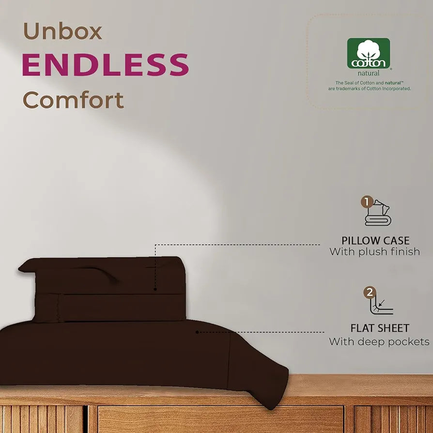 Trance Home Linen 100% Cotton 78x72 inch King Elastic Fitted Bedsheet 400 Thread Count Premium with 2 Pillow Covers Colour Chocolate Brown
