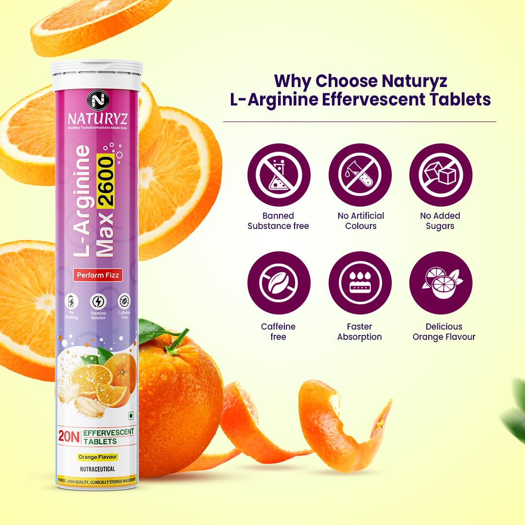 Naturyz L-Arginine Max 2600 Effervescent Tablets | Boosts Stamina | Increases Blood Flow | Improves Performance | Pre-workout Supplement 20 capsules (Orange Flavour), 1 count