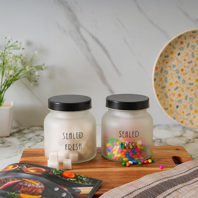 Femora Kitchen Storage Jars Frosted Glass Jar With Steel Lid Air Tight Jar | 700 Ml | Pack of 4 | Black Lid
