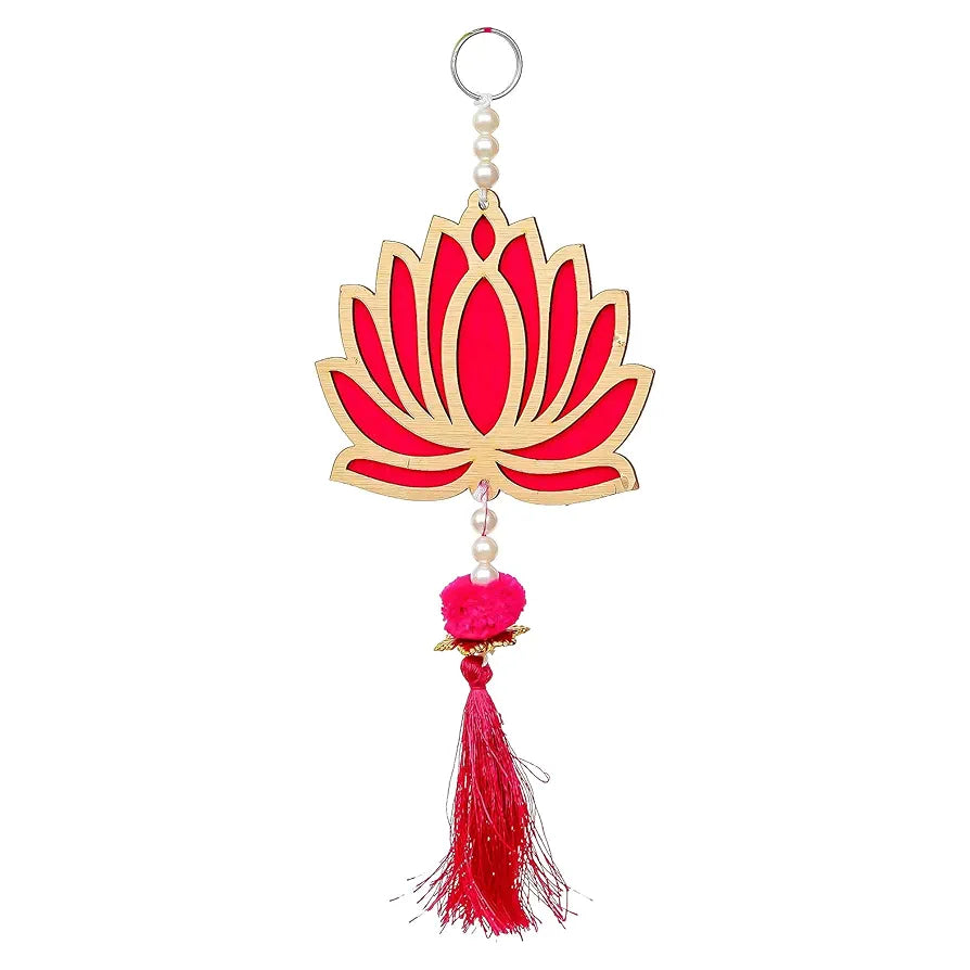 Wood Lotus Flower Decorative Wall Hanging Red and Golden