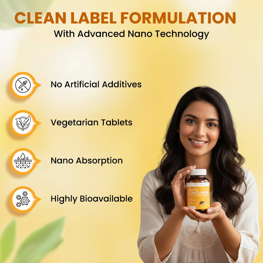 ZEROHARM Holistic Nano Curcumin Tablets with 95% Curcuminoids & Piperine | Turmeric Supplement for Joints, Immunity & Pain Relief | Antioxidant and Anti Inflammatory | For Men & Women | 60 Tablets