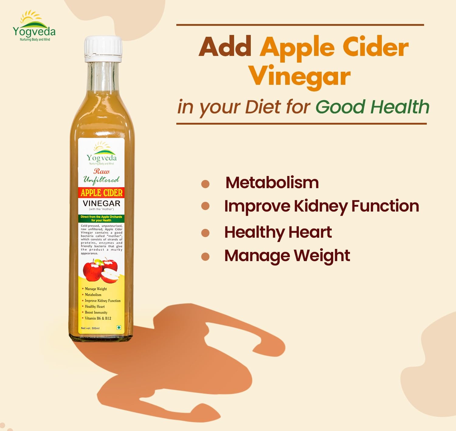 Yogveda Apple Cider Vinegar With Mother of Vinegar Raw Unfiltered - 500 ml