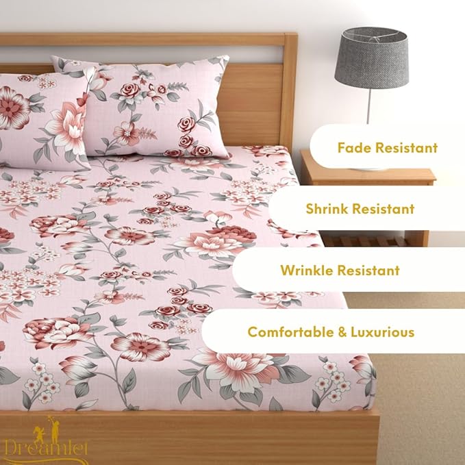 Dreamlet 180tc Cotton Feel All Around Elastic Fitted Bedsheets for Double Bed With 2 Pillow Covers | Pink