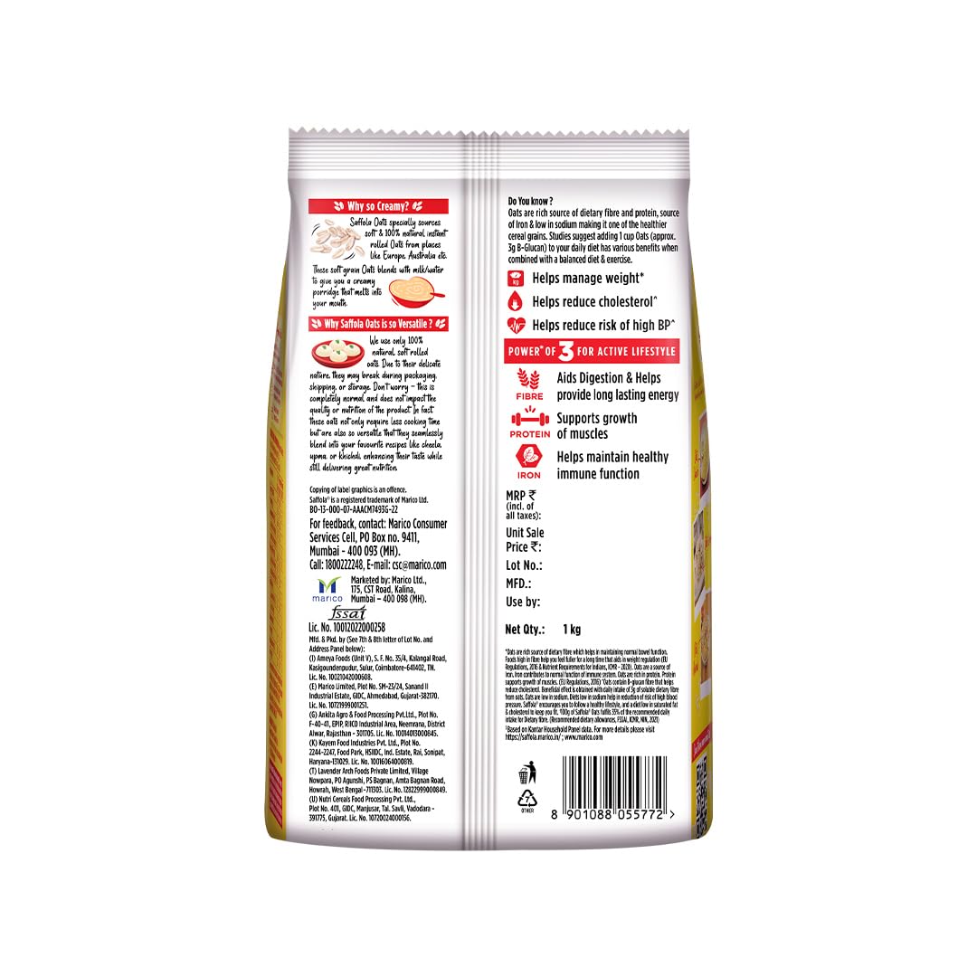 Saffola Oats | 1kg | Instant Rolled |Soft & Creamy |Power of Protein, Iron & Fibre | Nutritious grain[weight may vary]