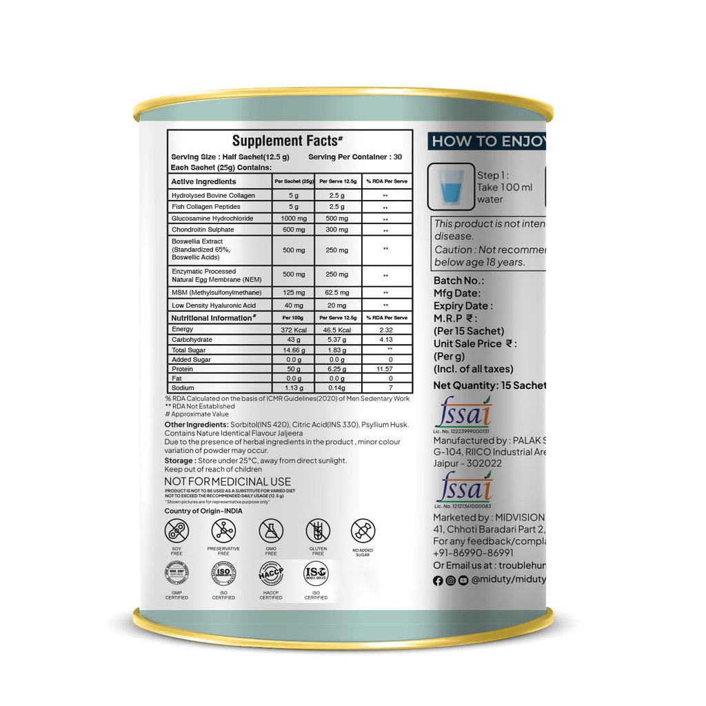 Miduty By Palak Notes Build Joints Back For Rheumatoid Arthritis Supplement - Collagen Peptides Natural Egg Membrane, Boswellia and Glucosamine - Joint Pain Relief Supplement - 15 Sachets
