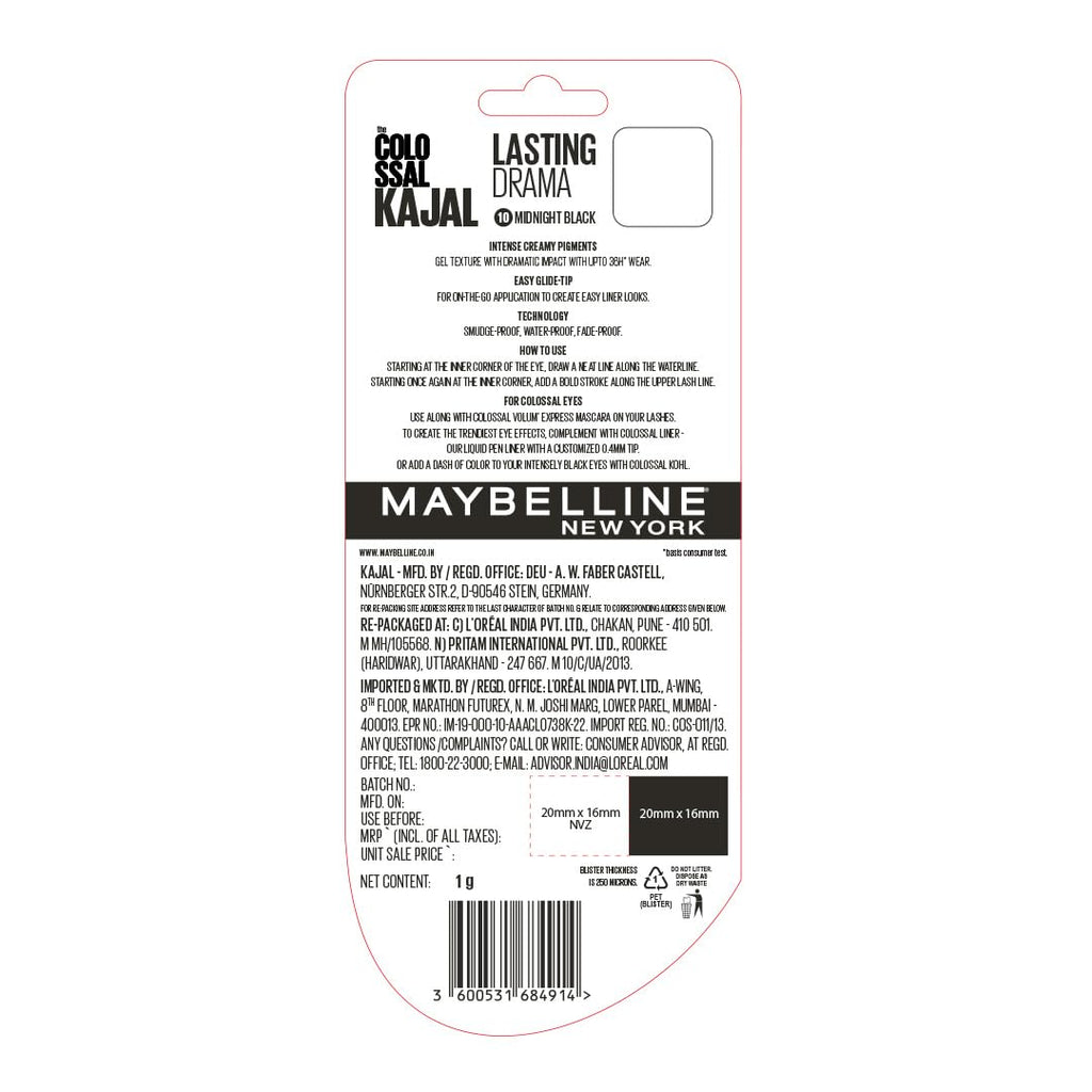 Maybelline New York Colossal Lasting drama Kajal - 36H Wear, Waterproof, Smudge Proof Kajal - 10 Midnight Black, 0.31g