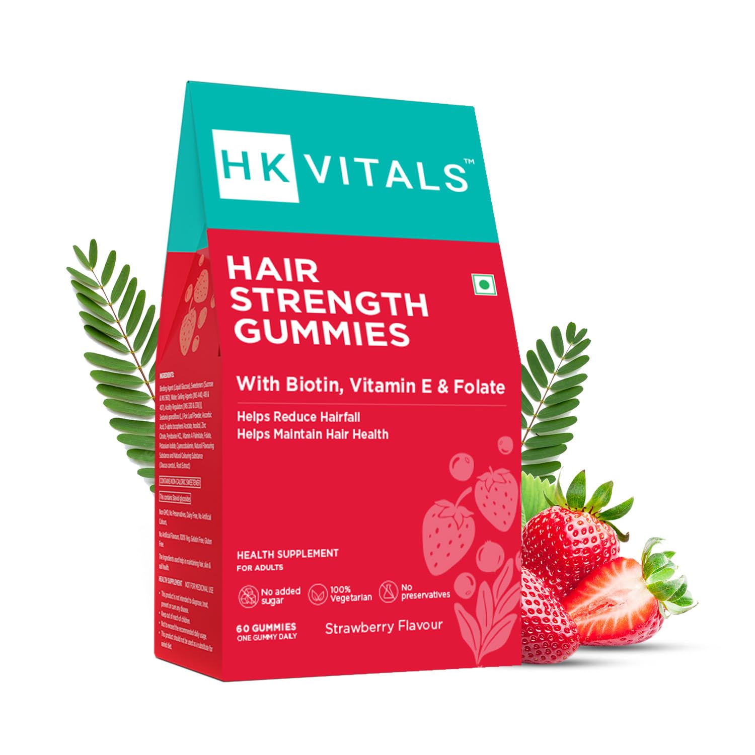 HealthKart HK Vitals Hair Strength (Strawberry, 60 Biotin Gummies) | With Zinc, Vitamin C, A, and E, Vegan, Gluten Free | For Healthier Skin, Hair, and Nails