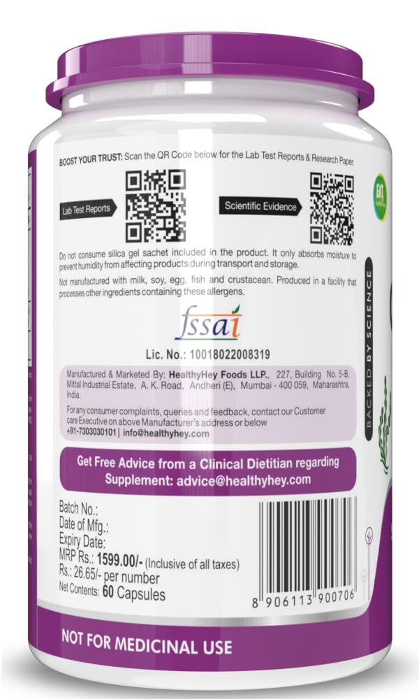 HealthyHey Nutrition Natural Omega 3 - Support Heart, Brain & Joint - Sourced from Algae - Fish Oil-free - 60 Veg Capsules