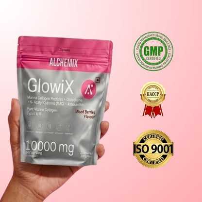 "8000mg Korean Marine Collagen Powder with Glutathione, Astaxanthin & NAC | Hydrolyzed Type 1 & 3 Collagen Peptides | Supports Skin Glow, Hair, Nails & Joints | Mixed Berries Flavour | 200g | 20 Servings | Alchemix Glowix"