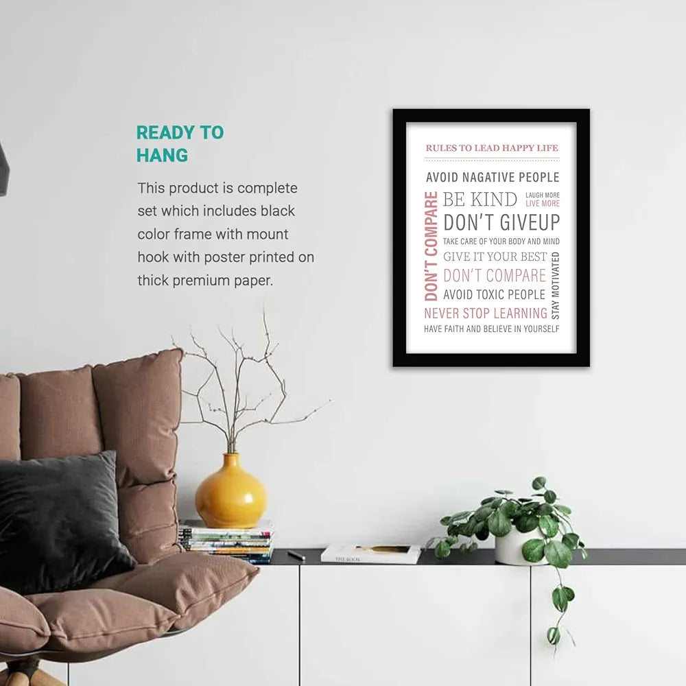 Kotart Happy Life Quotes Wall Poster for Room Home Wall Decor Typographic Design Framed Posters