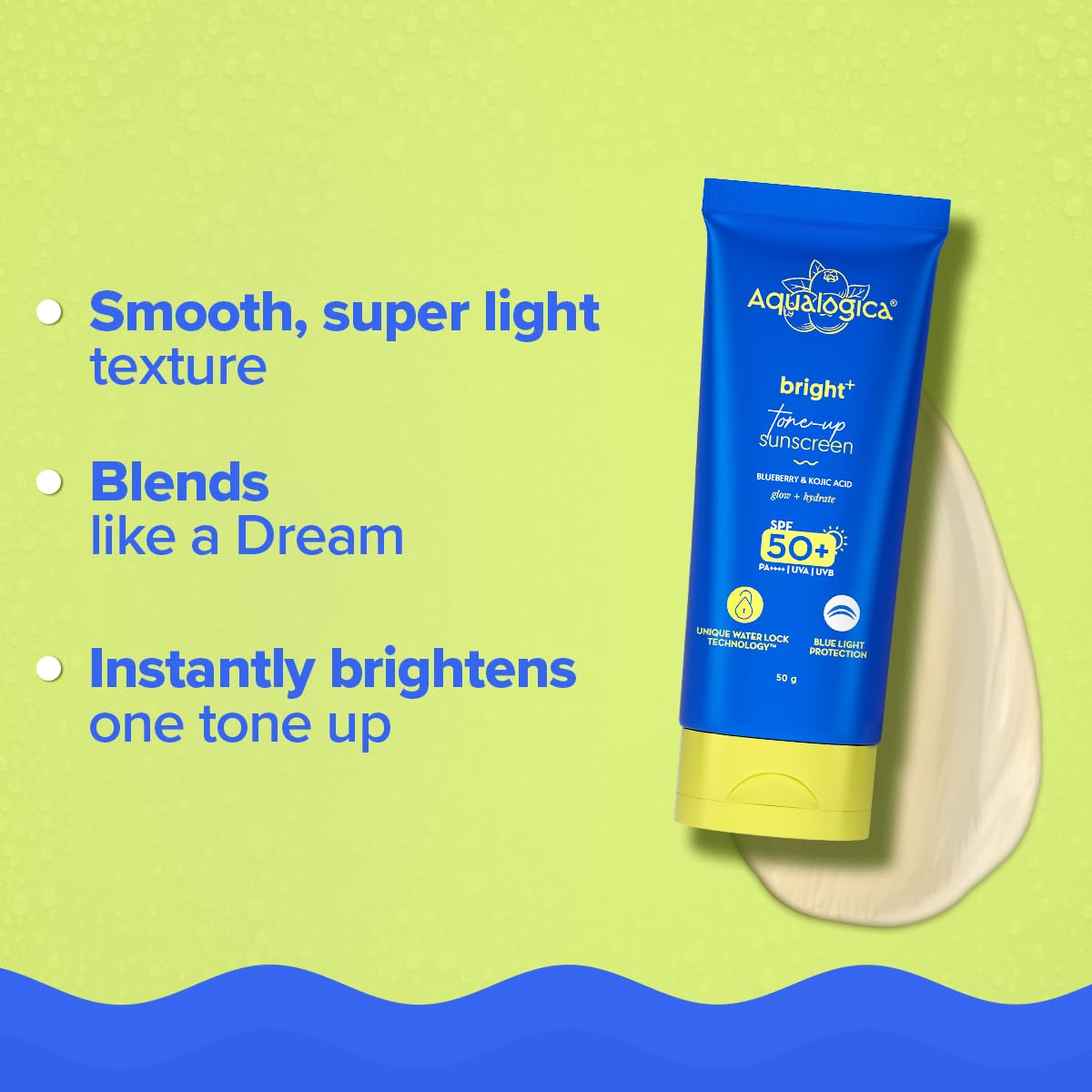 Aqualogica Bright+ Tone Up Sunscreen | Broad Spectrum SPF 50+ PA++++ with Kojic Acid & Blueberry | UVA/B & Blue Light Protection | Instantly Brightens | Lightweight, Non-Greasy, No White Cast | All Skin Types | Fragrance-Free | 50g
