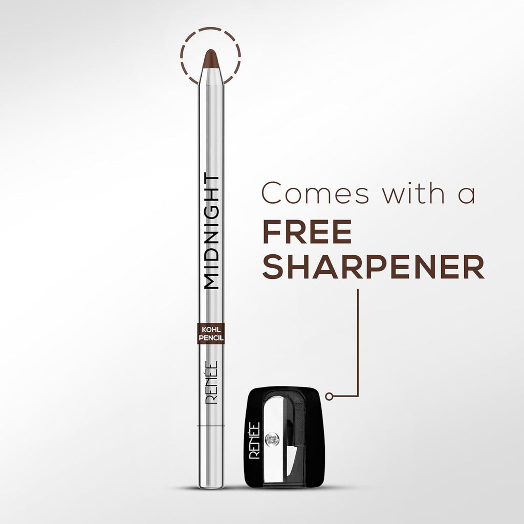 RENEE Midnight Kohl Pencil- Brown | Waterproof, Smudge-proof Kajal With Sharpener | Matte Finish, Long-lasting Upto 24 Hours | One-swipe Application With Vitamin E | 1.5 g