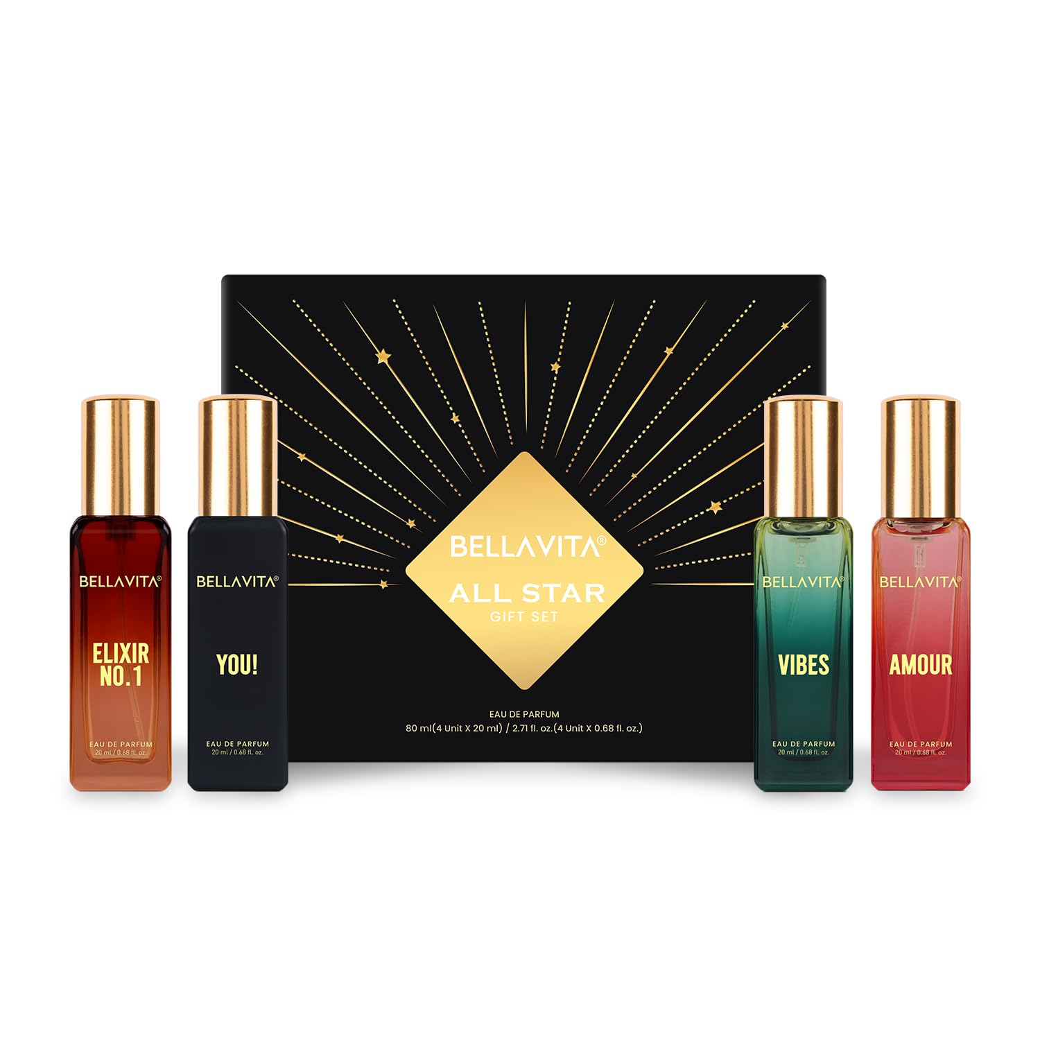 BELLAVITA All Star | Long Lasting Perfume Gift Set for Man | EDP 4x20ml | Vanilla, Bergamot, Moss & Musk | Woody, Fresh, Fruity Premium Fragrance for Men