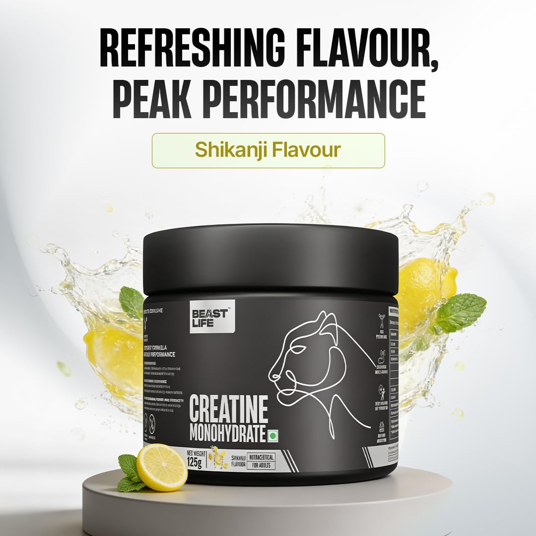 BeastLife Micronised Creatine Monohydrate Powder Shikanji Flavour 125g | 33 Servings | NABL Lab Tested | Rapid Absorption for Muscle Strength & Athletic Performance