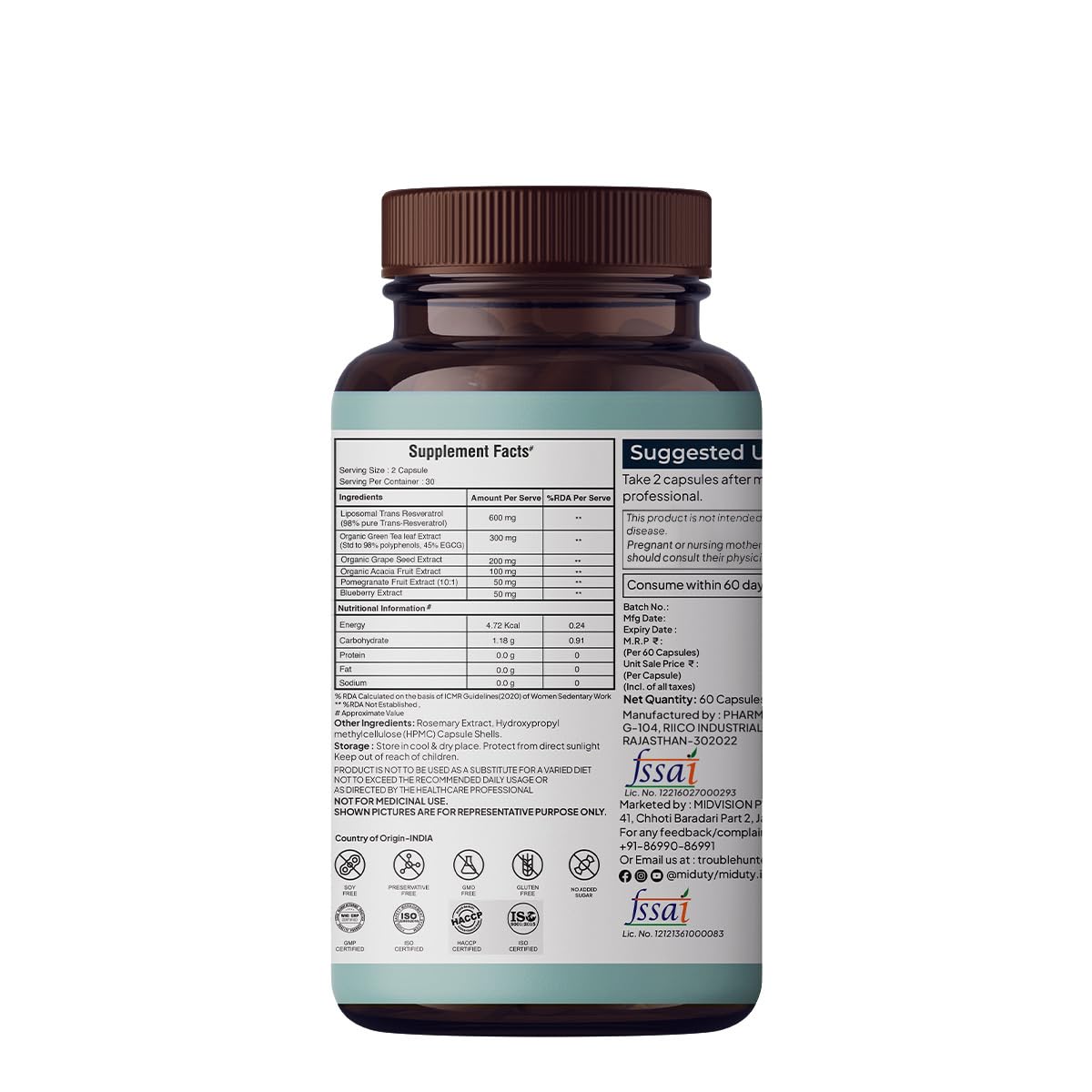 Miduty Stop Aging Powerful Antioxidant Formula to Slow Down Aging, Anti Aging Supplement for Youthful Skin - Anti Aging Capsules, Resveratrol Active Ingredient - Pack of 60