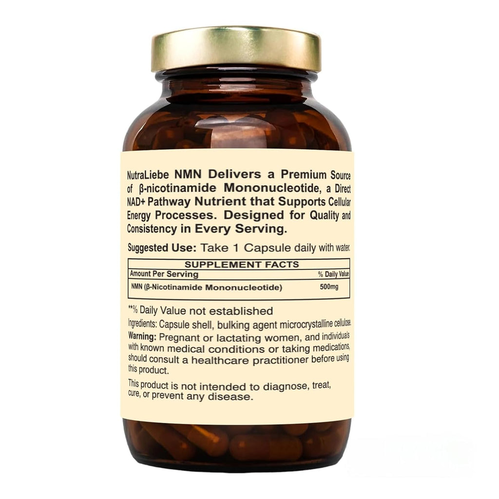 Nutraliebe NMN (Î²-Nicotinamide Mononucleotide) 500 mg â€“ NAD+ Precursor for Cellular Energy, Anti-Aging & DNA Repair | Supports Brain, Metabolism & Mitochondrial Health | 90 Veg Capsules | Non-GMO & Gluten-Free