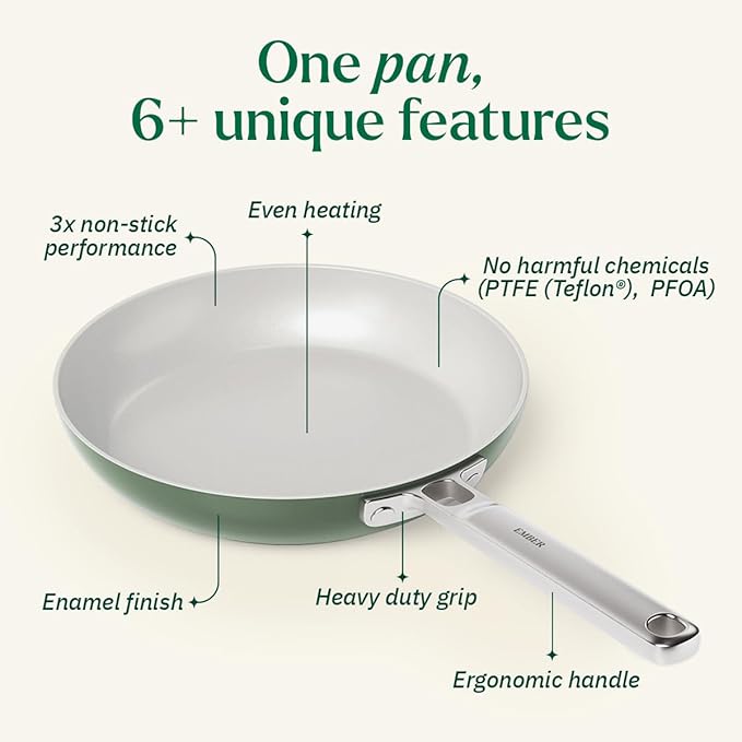 Ember Cookware Arcilla Ceramic Non-stick Egg Pan 20cm | Glass Lid | Stainless Steel Handle | Green
