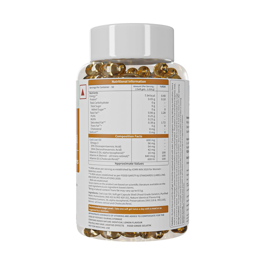 Neuherbs Deep Sea Cod Liver Oil Omega 3 Supplement With Vitamin A, D3 & E | Supports Heart, Brain, Bone & Skin Health | Fish Oil for Men & Women | No Fishy Burps With Lemon Flavour - 100 Softgels
