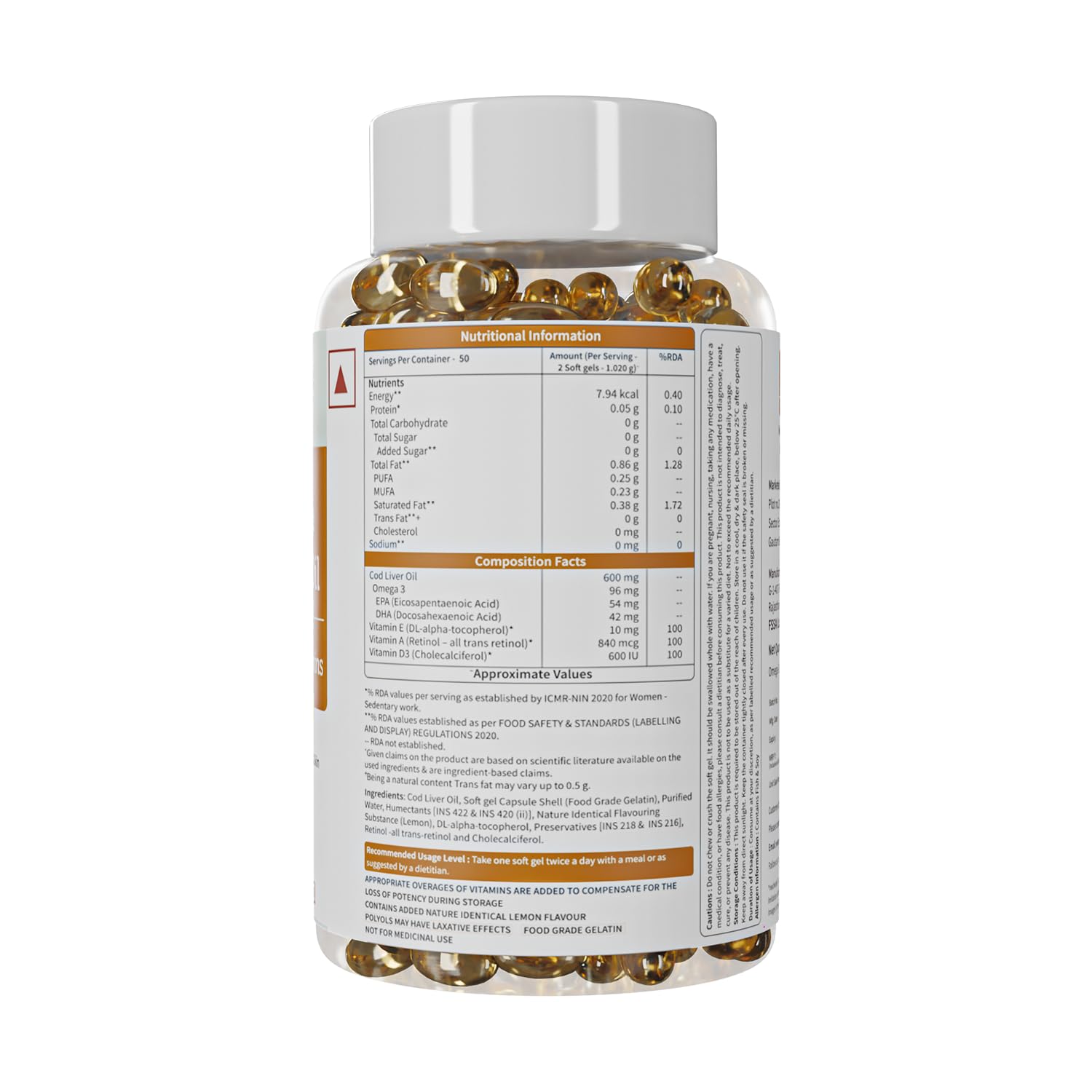 Neuherbs Deep Sea Cod Liver Oil Omega 3 Supplement With Vitamin A, D3 & E | Supports Heart, Brain, Bone & Skin Health | Fish Oil for Men & Women | No Fishy Burps With Lemon Flavour - 100 Softgels