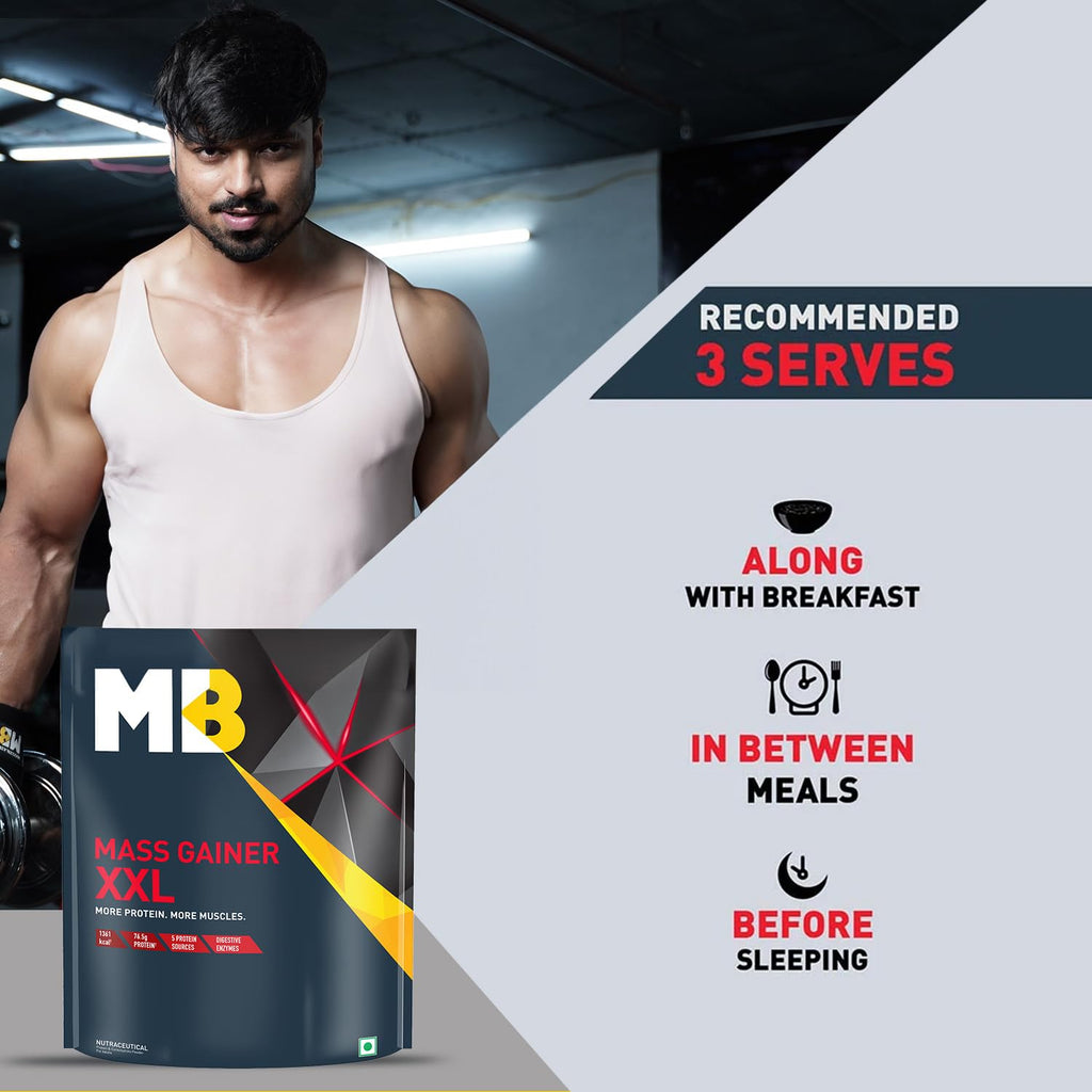 MuscleBlaze Mass Gainer XXL (Chocolate, 1kg / 2.2lbs, 10 Servings) | With Complex Carbs, High Protein & Digestive Enzymes