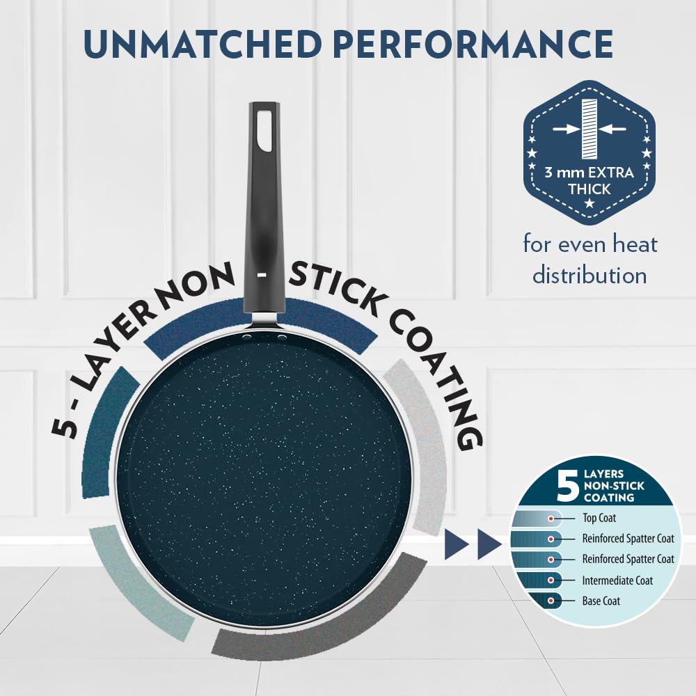 Borosil Prochef Non-stick Aluminum Flat Tawa 30 Cm | Gas Stove Compatible | Thick Uniform Body for Even Heating, Dishwasher Safe | 5 Layer Nonstick Coating