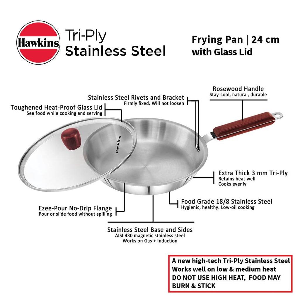 Hawkins 24 cm Frying Pan Triply Stainless Steel Fry Pan with Glass Lid