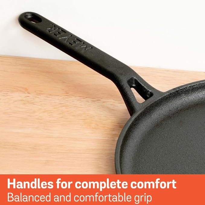 Meyer Pre-Seasoned Cast Iron Roti Tawa Pan with Stick Handle 26cm Black