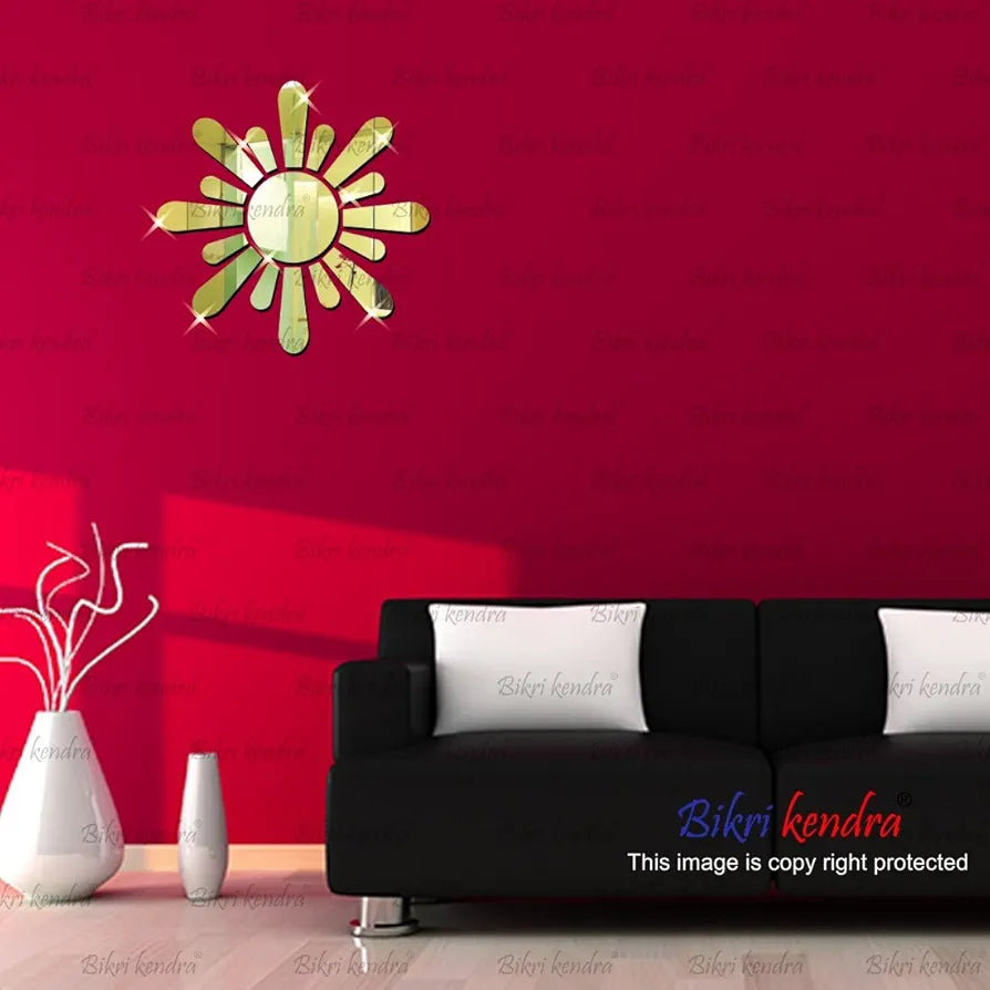 Bikri Kendra Sun Golden Model-12 Mirror Stickers for Wall, Acrylic Mirror Wall Decor Sticker