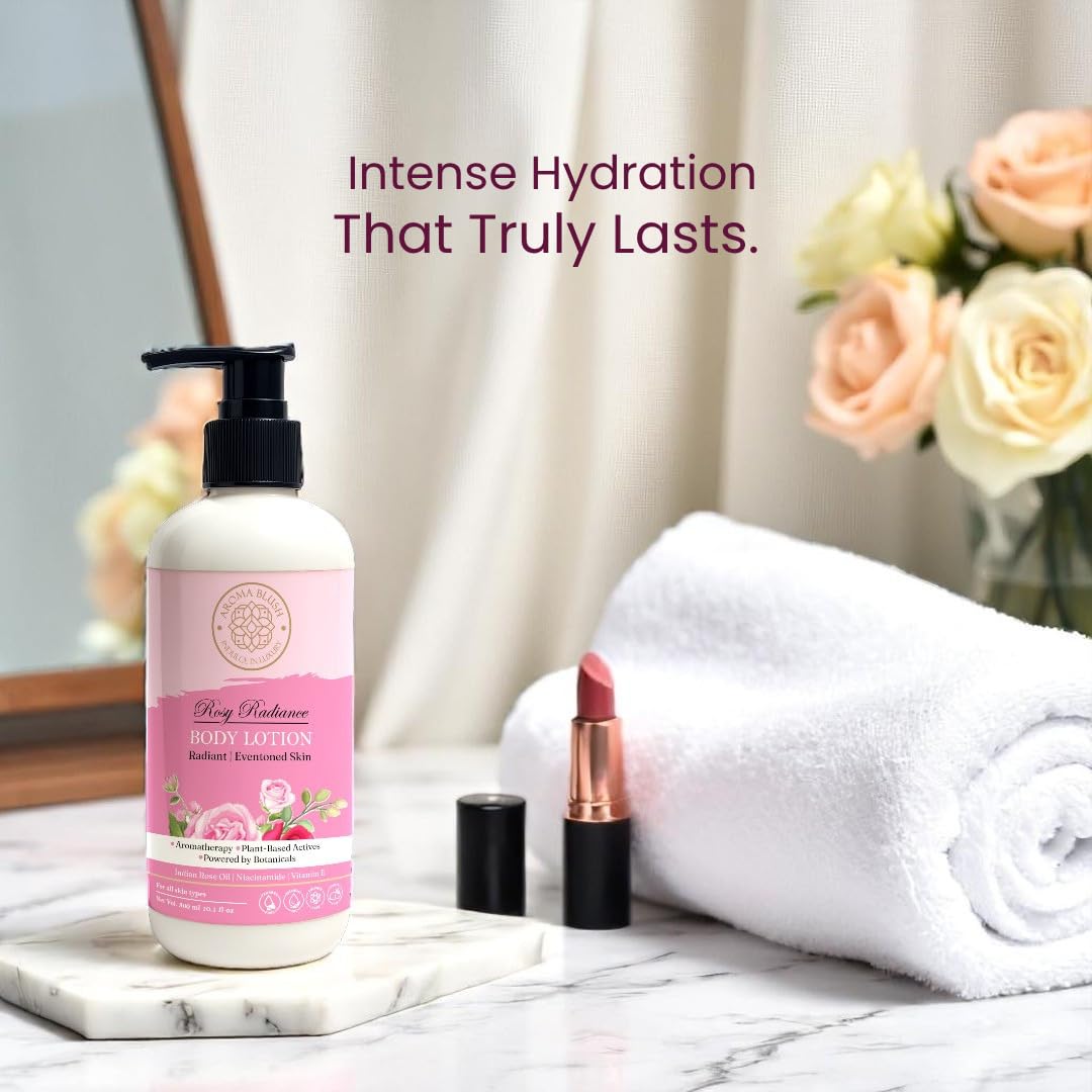 Aromablush - Rosy Radiance Body Lotion | Indian Rose Oil, Niacinamide, Vitamin E | Brightening & Intense Hydration | Non-Greasy, Lightweight | Floral Scent | For All Skin Types | 300ml