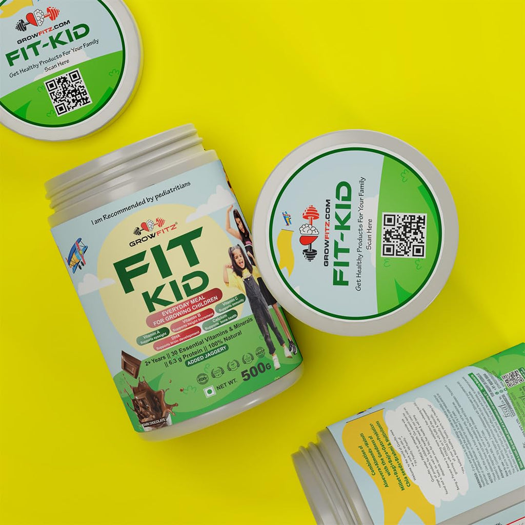 Growfitz FitKid | Natural Healthy Everyday Meal for Kids 2-18 | No Added Sugar | Supports Bone Strength, Immunity, Brain Development | 6.3g Protein | Almonds, Walnut, Ragi, Bajra (400g, Chocolate)