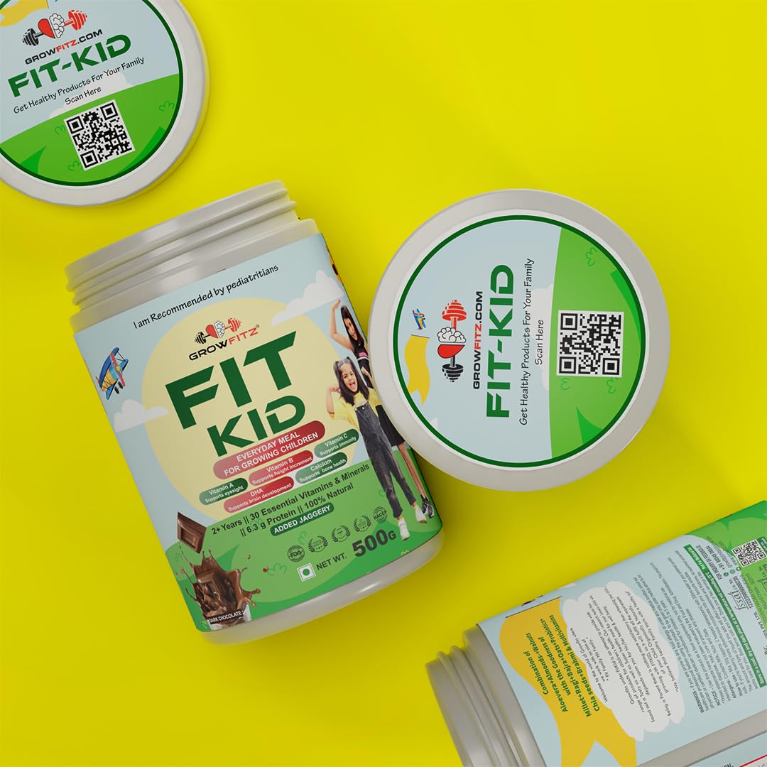 Growfitz FitKid | Natural Healthy Everyday Meal for Kids 2-18 | No Added Sugar | Supports Bone Strength, Immunity, Brain Development | 6.3g Protein | Almonds, Walnut, Ragi, Bajra (400g, Chocolate)