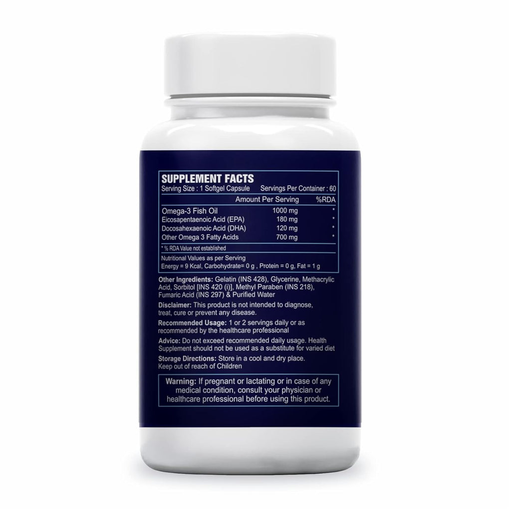 Sea Life Omega 3 Fish Oil 1000 Mg Fatty Acid Capsules | 180 Mg EPA & 120 Mg DHA | Pack of 1 (60 Softgels Capsules)| Supports Healthy Heart, Joints, Skin, Brain & Eyes | For Men & Women
