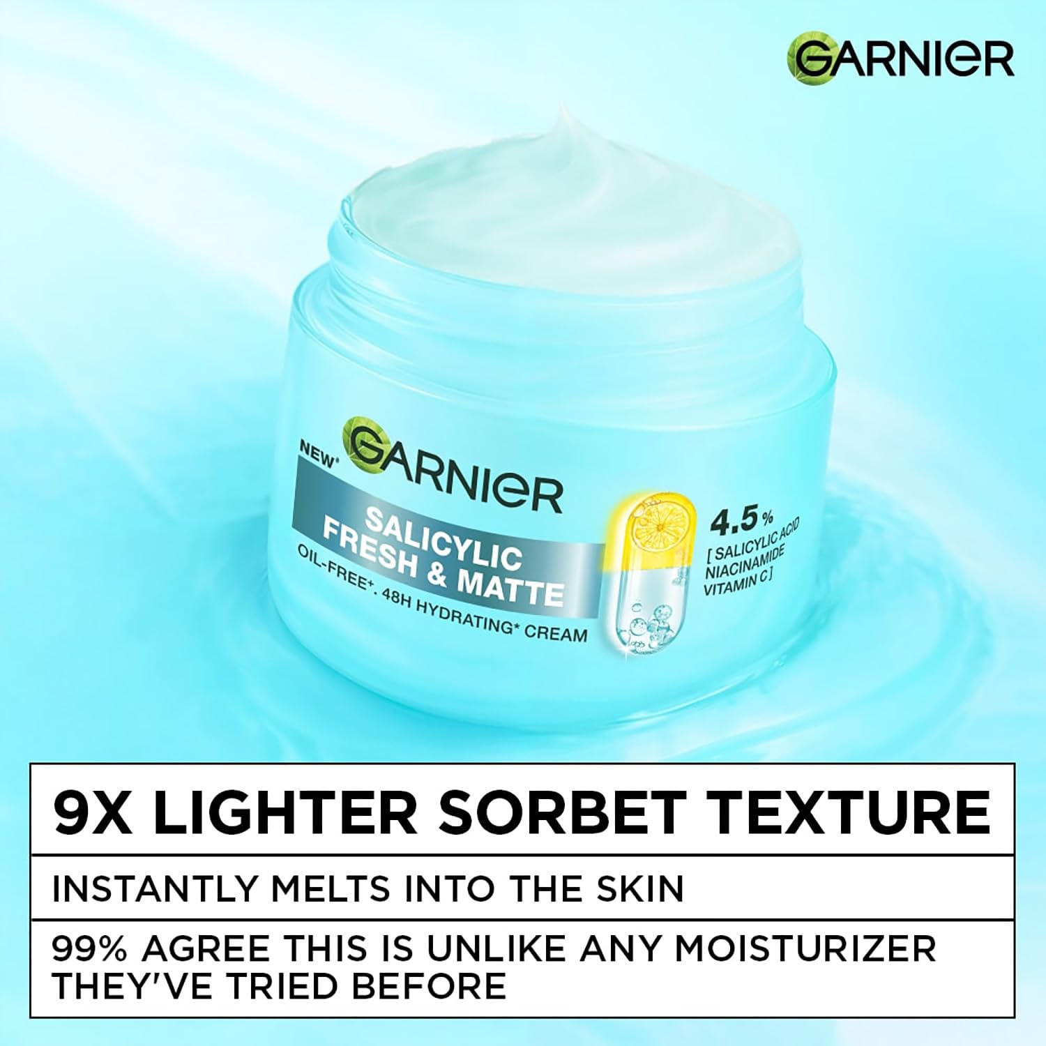 Garnier Fresh & Matte Salicylic Acid Sorbet Moisturizer Cream, 4.5% Salicylic Acid + Niacinamide + Vitamin C, 9x Lighter Sorbet Cream, For Hydration & Oil Control, Suitable for Oily to Normal & Combination Skin, 45g