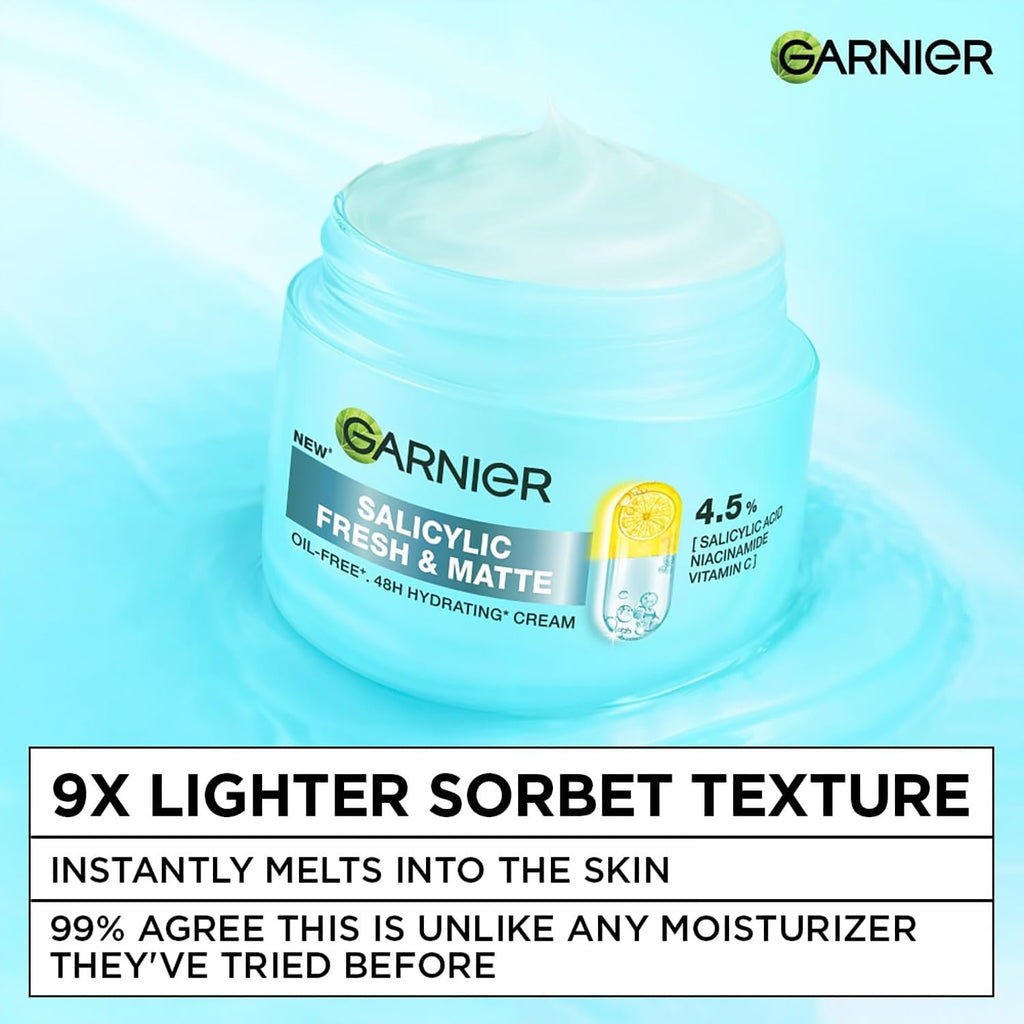Garnier Fresh & Matte Salicylic Acid Sorbet Moisturizer Cream, Salicylic Acid + Niacinamide + Vitamin C, 9x Lighter Sorbet Cream, For Hydration & Oil Control, Suitable for Oily to Normal & Combination Skin, 90g