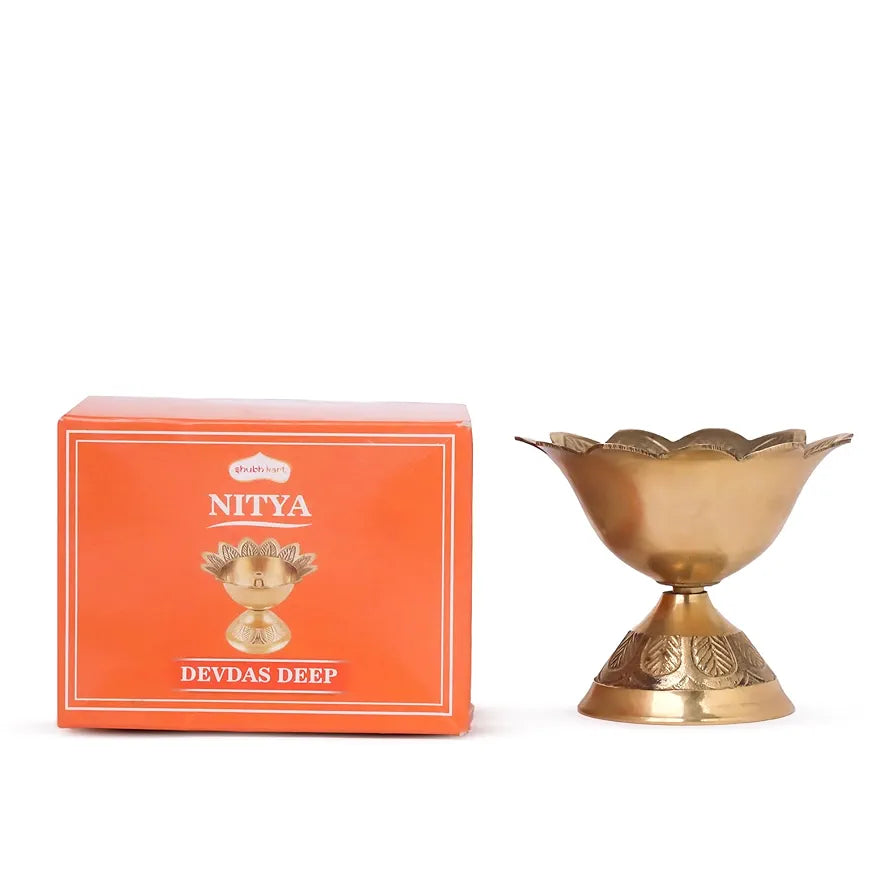 Shubhkart Nitya Devdas Deep Brass Diya  Brass Devdas Diya Oil Puja Lamp Engraved Design Table for Home Mandir Office Festival Puja Gifts Decor  - 90 GMS