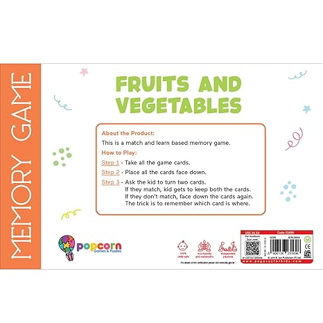 Popcorn Games & Puzzles Memory Game Fruits and Vegetables Board Matching Games Memory Game for Kids Age 2+