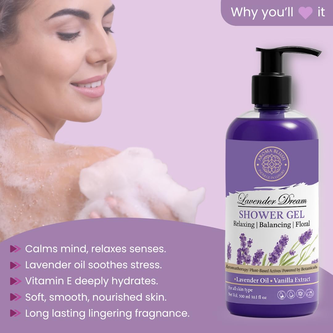 Aromablush - Lavender Dream Shower Gel | Calming Lavender, Vanilla & Vitamin E | Deep Hydration | Relaxing Scent, Sulfate-Free, Paraben-Free | Soothing Aromatherapy for Sensitive Skin | 300ml