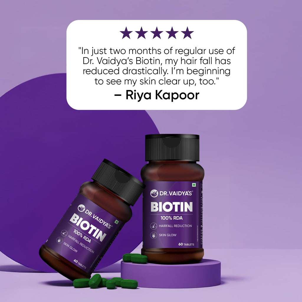 Dr. Vaidyaâ€™s Biotin Tablets for Hair Growth | Ayurvedic Hair Vitamins with Amla, Bhringraj & Bamboo Shoot | Natural Biotin Supplements for Hair Regrowth, Thinning Hair, Skin Glow & Stronger Nails (60 Tablets)