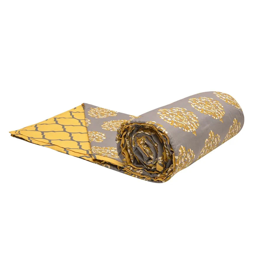 Trance Home Linen Pure Cotton Reversible Dohar Toddler Size Ac Quilt for Babies Colour Damask Mustard