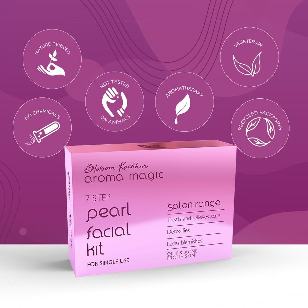 Aroma Magic 7 step Pearl Facial Kit| Anti-Acne, Detox & Lighten blemishes| Pearl Bhasma, Seaweed Extracts| Oily & Acne Prone Skin| Single Use| Pack of 1 (30g + 18ml)