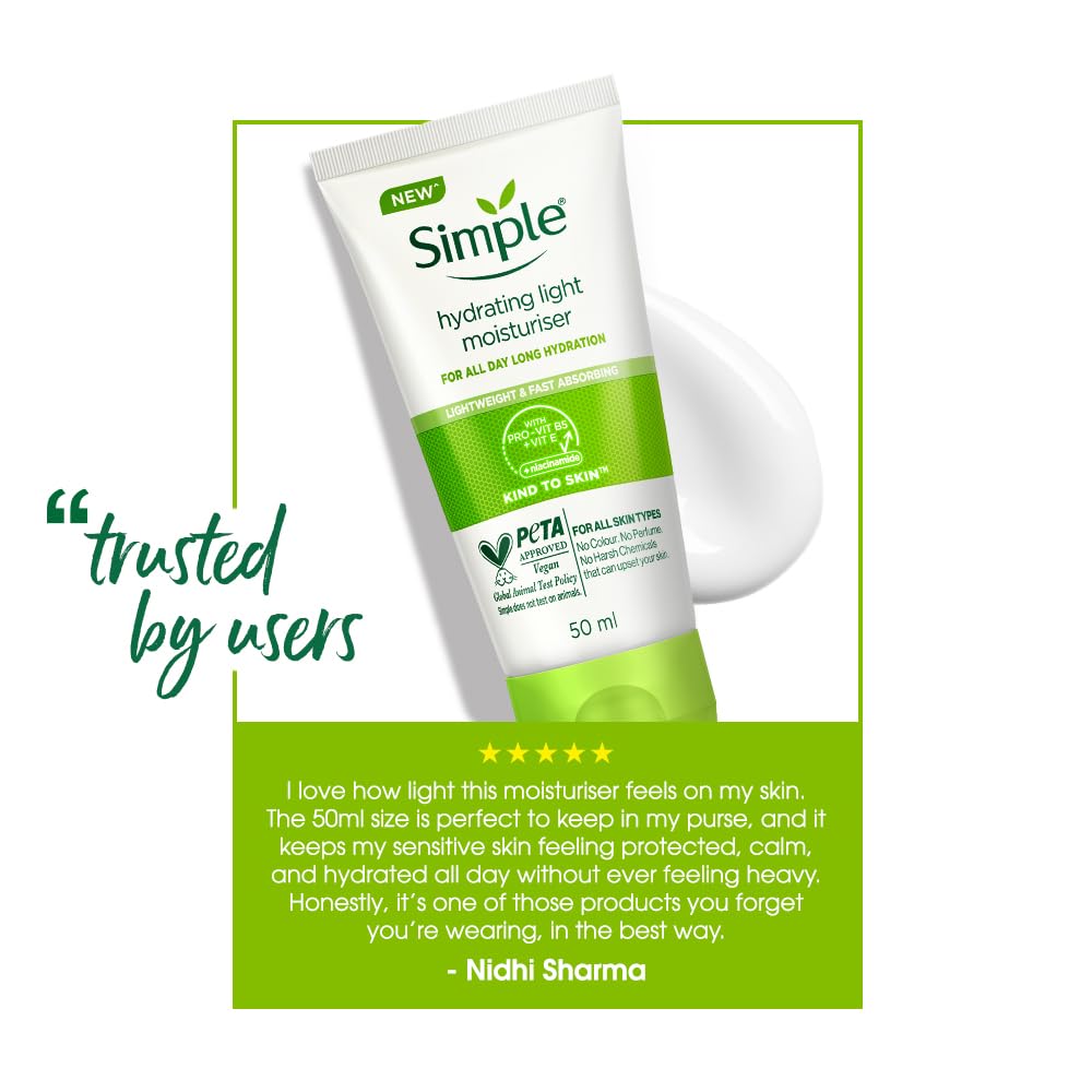 Simple Hydrating Light Moisturiser, 50ml | 12hr Hydration | With Niacinamide, Pro-Vitamin B5, Glycerin & Borage Seed Oil | Lightweight, Non-Greasy Formula | For Soft, Smooth Skin