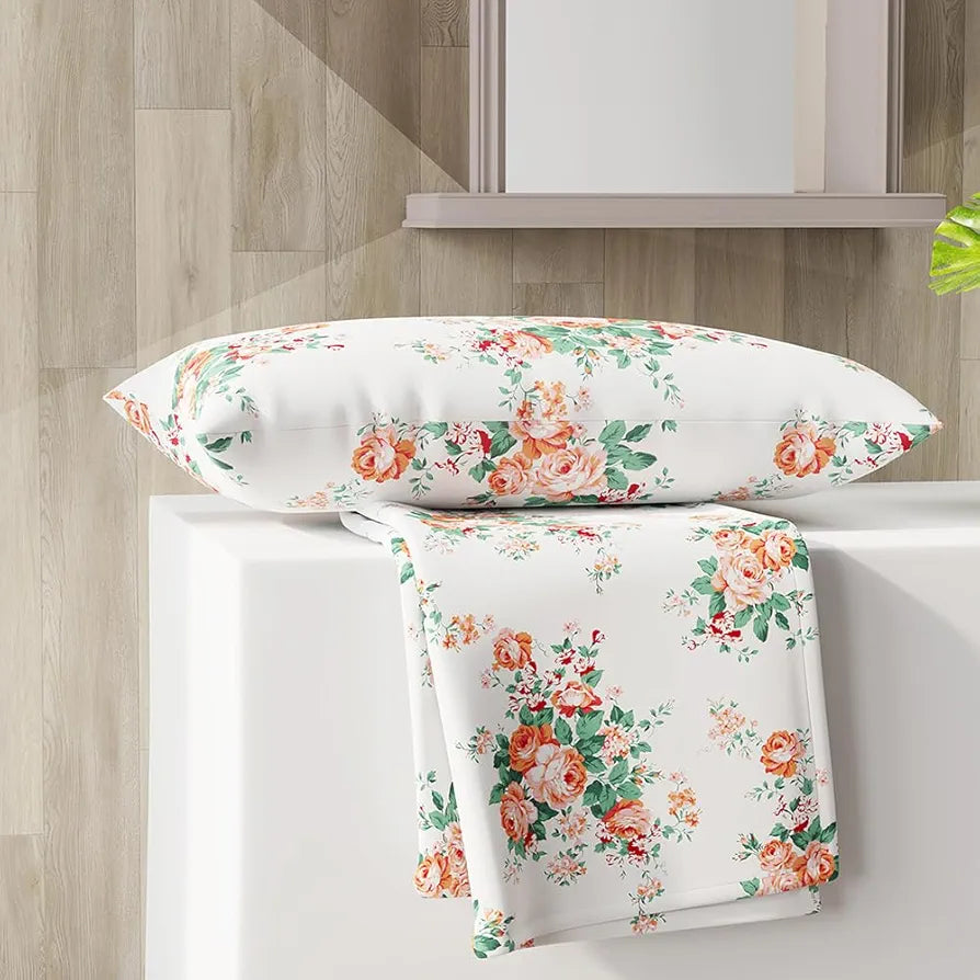 Layers Zen Cotton Blend Single Bedsheet Set 1 Single Cotton Bedsheet & 1 Pillow Cover 225 CVC Orange Floral
