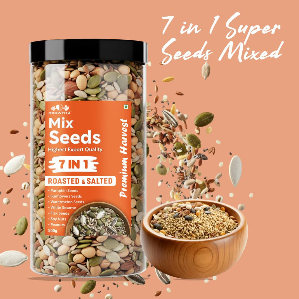 Growfitz 7-in-1 Super Seed Mix | 500g | 24.4g High Protein & Fiber | Roasted & Salted Pumpkin, Sunflower, Flax, Chia, Soy Nuts & Sesame | Healthy Snack |