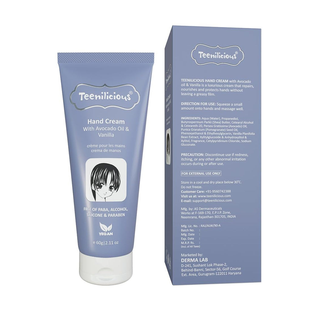 Teenilicious Hand Cream for Women with Avocado Oil & Vanilla | Winter Moisturizing Cream for Dry and Rough Hands | Vegan | Free from Alcohol, Silicones, Paraben & Sulphates | All Skin Type | 60gm