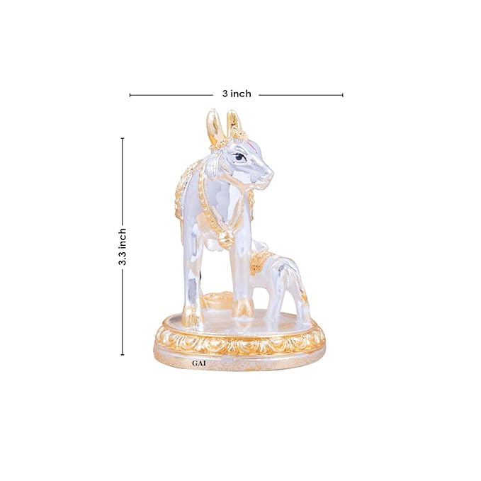 Gold Art India Kamdhenu Cow with Calf Idol Gold Silver Plated (Two-Tone) Home Decor