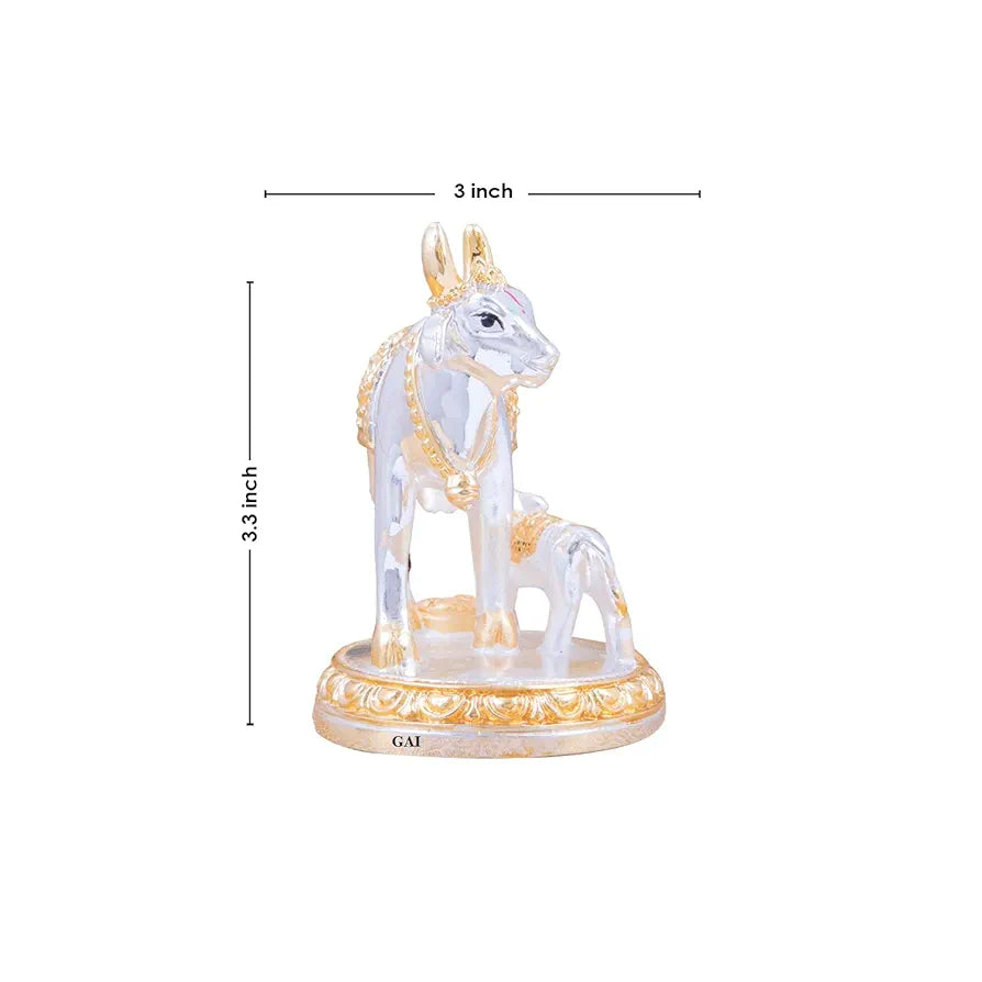 Gold Art India Kamdhenu Cow with Calf Idol Gold Silver Plated 3.3" Inch Silver